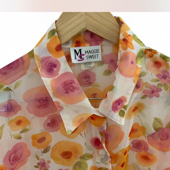 Vintage Pastel Floral Print Sheer Long Botton Down Blouse Collard Size *2XL - Picture 2 of 7